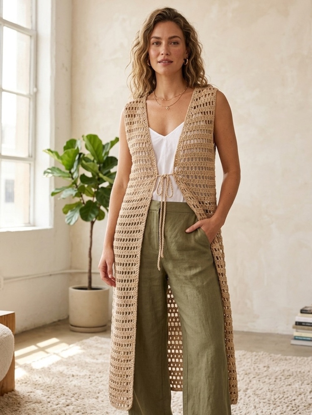 Bohemian Festival Handmade Open Knit Crochet Duster Vest Tie Closure- OSFM S-XL